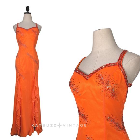 Vintage Silk Prom Dress Maxi Gown 4 Orange Y2K Ruffle Fairy Bead Slip Glam Guest - Picture 3 of 16